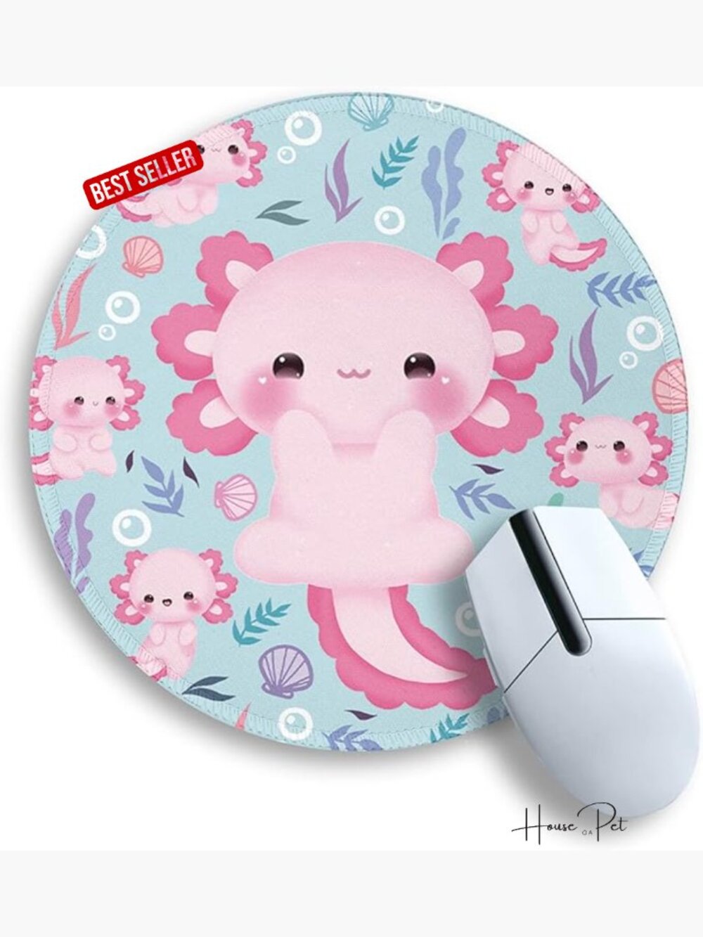 Cute Axolotls Round Mouse Pad with Stitched Edge Non-Slip Rubber Base, Desk